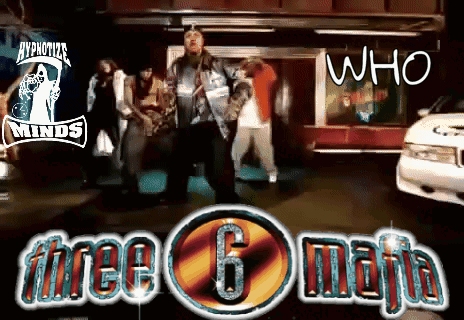 an advertisement for three 6 mafia shows a group of people dancing in front of a store