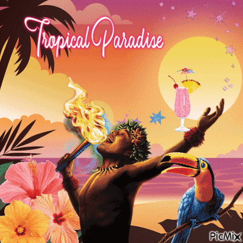 An Advertisement For Tropical Paradise Shows A Man Holding A Flaming Torch GIF