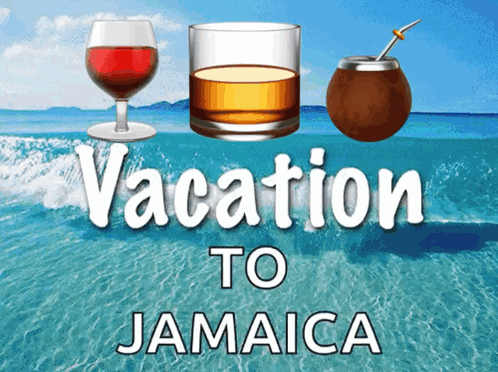 An Advertisement For Vacation To Jamaica Shows A Glass Of Whiskey A Coconut And A Glass Of Wine GIF