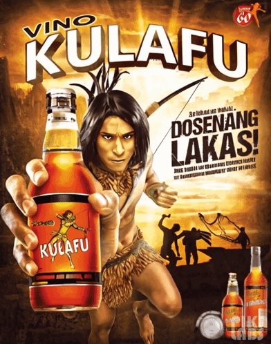 An Advertisement For Vino Kulafu Shows A Native American Holding A Bottle GIF