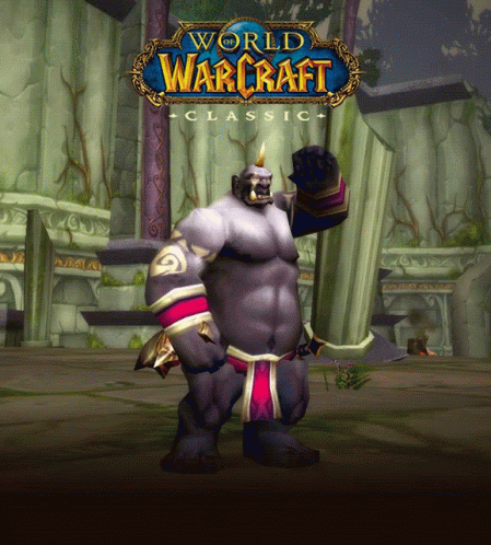 An Advertisement For World Of Warcraft Classic Shows A Large Orc Holding A Sword GIF