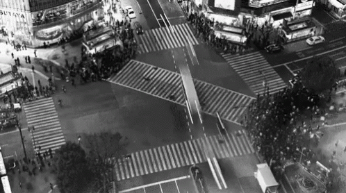 An Aerial View Of A Busy Intersection With A Building That Says Sutaya On It GIF