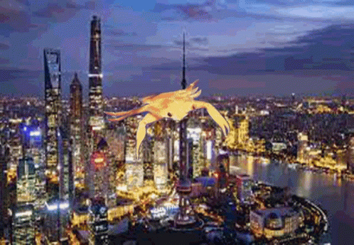 An Aerial View Of A City At Night With A Crab Flying Over It GIF