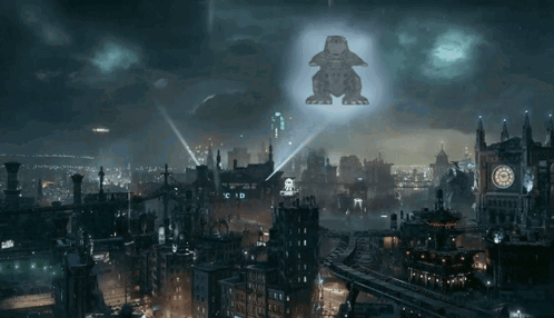 An Aerial View Of A City At Night With A Sign That Says Cid On It GIF