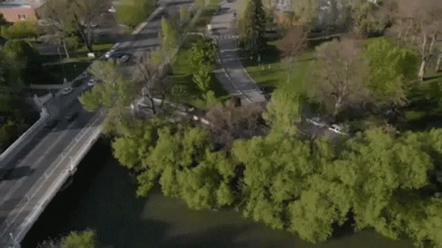 an aerial view of a city with a bridge over a river surrounded by trees .