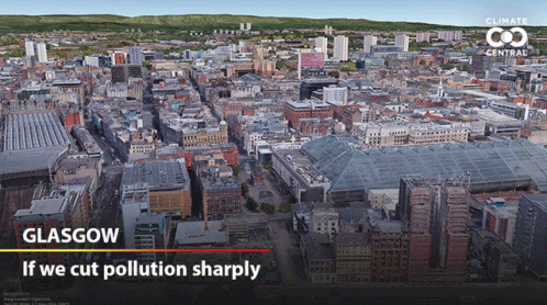 An Aerial View Of A City With The Words Glasgow If We Cut Pollution Sharply On The Bottom GIF
