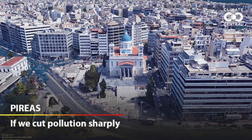 An Aerial View Of A City With The Words " If We Cut Pollution Sharply " Below It GIF