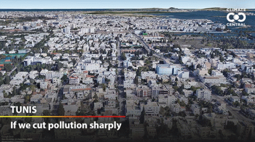 An Aerial View Of A City With The Words " If We Cut Pollution Sharply " Below It GIF