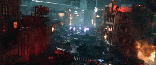 An Aerial View Of A Destroyed City With A Sign That Says ' Nn ' On Top Of A Building GIF