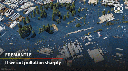 An Aerial View Of A Flooded City With The Words " If We Cut Pollution Sharply " At The Bottom GIF