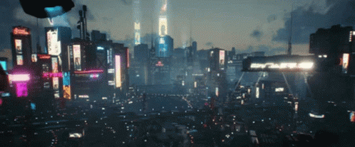 An Aerial View Of A Futuristic City At Night With A Coca Cola Sign In The Foreground GIF