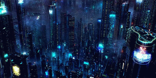 An Aerial View Of A Futuristic City At Night With A Sign That Says ' Tokyo ' GIF