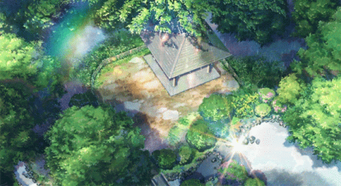 An Aerial View Of A Gazebo Surrounded By Trees GIF