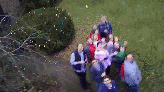 An Aerial View Of A Group Of People Standing On A Grassy Field GIF