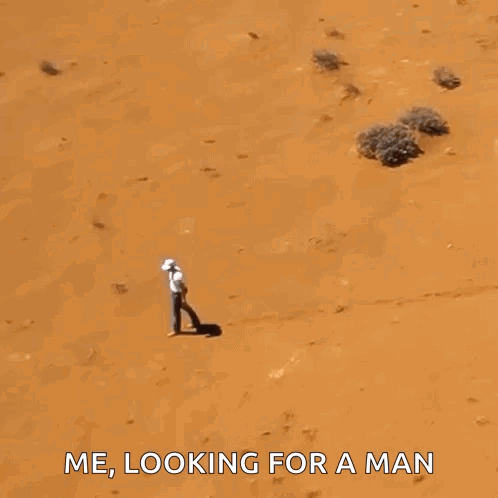 An Aerial View Of A Man Walking In The Desert With The Words `` Me , Looking For A Man '' Written Below Him . GIF