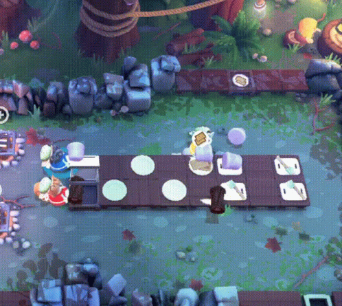 An Aerial View Of A Video Game With A Table With Plates On It And A Purple Item On It GIF