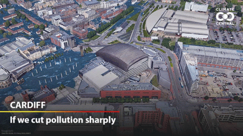 An Aerial View Of The City Of Cardiff With The Words If We Cut Pollution Sharply GIF