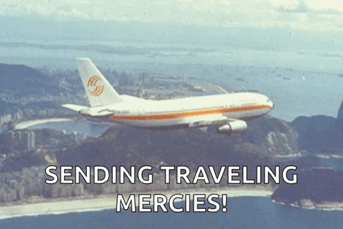 An Airplane Is Flying Over A Beach With The Words Sending Traveling Mercies GIF