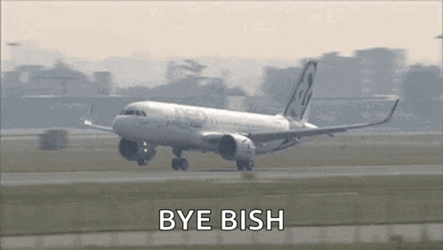 An Airplane Is Taking Off And The Words Bye Ish Are Written Below It GIF