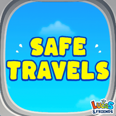 An Airplane Window With The Words Safe Travels In Yellow Letters GIF