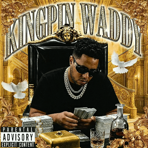 An Album Cover For Kingpin Waddy Shows A Man Sitting In A Throne GIF