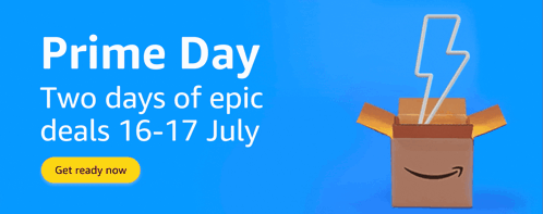 An Amazon Box With A Lightning Bolt Coming Out Of It Says Prime Day Two Days Of Epic Deals 16-17 July GIF