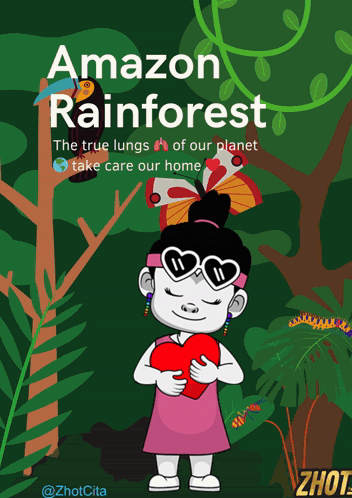 An Amazon Rainforest Poster With A Girl Holding A Red Heart GIF