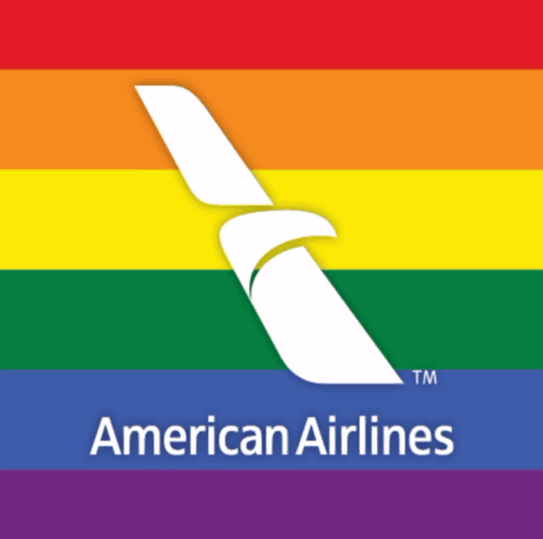 An American Airlines Logo With A Rainbow Flag Behind It GIF