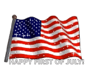An American Flag Waving In The Wind With The Words Happy First Of July Written Below It GIF