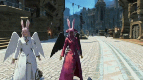 Angel And Demon Standing On Cobblestone Street GIF