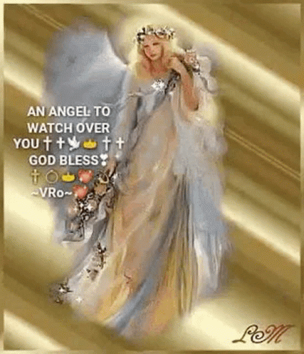 An Angel Is Standing In The Clouds With A Crown Of Flowers On Her Head . GIF