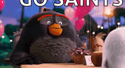 An Angry Bird From The Movie The Angry Birds Is Sitting At A Table With Balloons . GIF