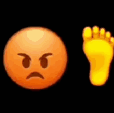an angry smiley face next to a yellow foot .