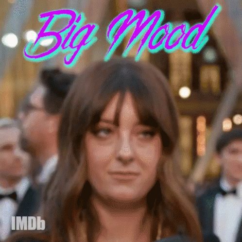 Animated Woman With Big Mood Text Behind Her GIF