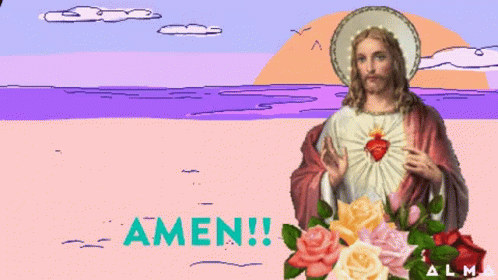 An Animated Image Of Jesus Holding Roses With The Words Amen Written Below Him GIF