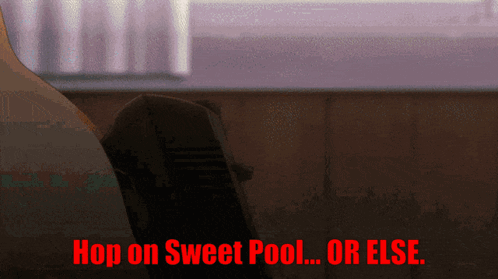 An Animated Image With The Words Hop On Sweet Pool Or Else GIF