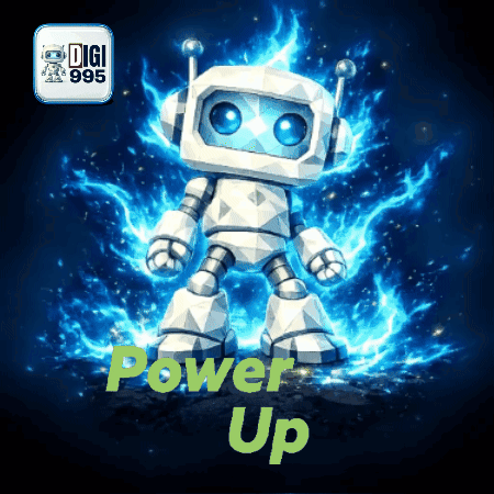 An Animated Robot With The Words Power Up Written Below It GIF