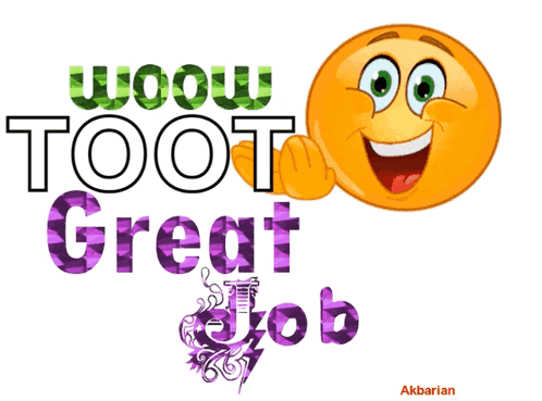 An Animated Smiley Face With The Words Wow Toot Great Job Behind It GIF