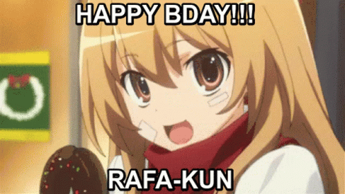 An Anime Girl Holding A Donut With The Words Happy Bday !!! Rafa-Kun Written Below Her GIF