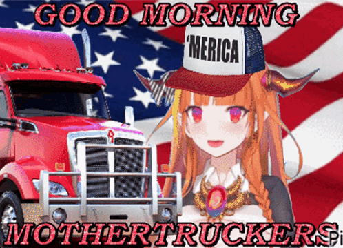 An Anime Girl Wearing A Merica Hat Stands In Front Of A Truck GIF