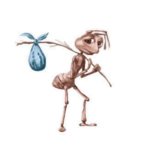 An Ant Is Carrying A Bag On Its Back And A Stick . GIF