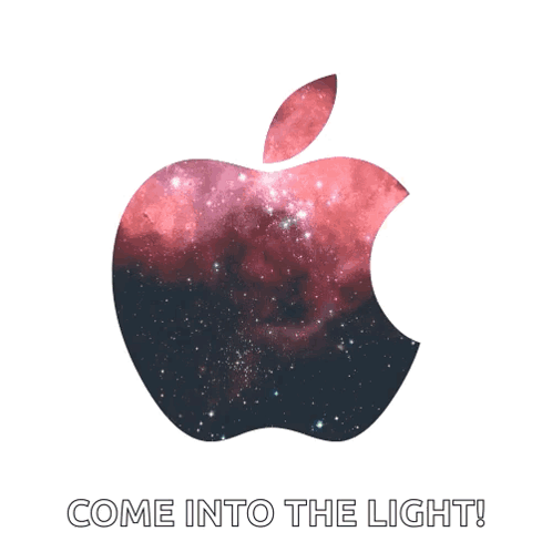 An Apple Logo With A Galaxy In The Background And The Words Come Into The Light Below It GIF