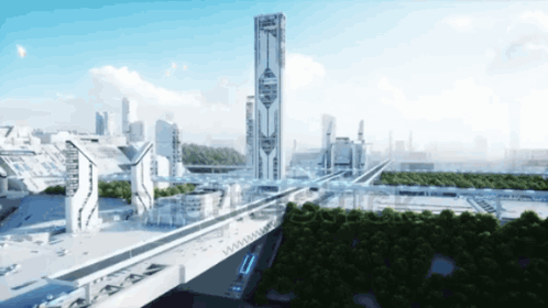 An Artist 'S Impression Of A Futuristic City With A Very Tall Building In The Foreground GIF