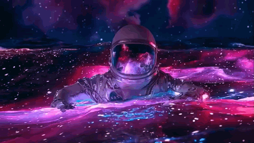 An Astronaut In A Nasa Helmet Is Swimming In A Purple And Blue Liquid GIF