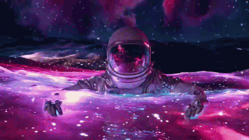 An Astronaut In A Space Suit Is Floating In A Purple Liquid In Space . GIF