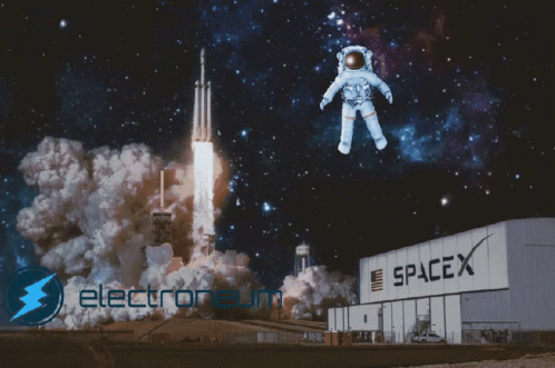 An Astronaut Is Flying Over A Spacex Building With A Rocket In The Background GIF