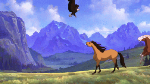 An Eagle Flies Over A Horse And Two Other Horses GIF