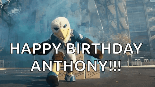 An Eagle Mascot Says " Happy Birthday Anthony " While Holding A Football GIF
