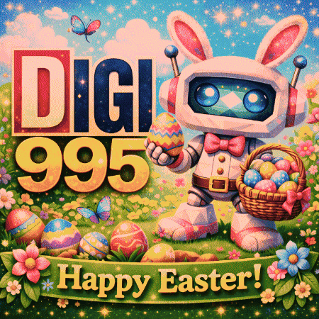 An Easter Poster With A Robot Bunny Holding An Easter Egg GIF