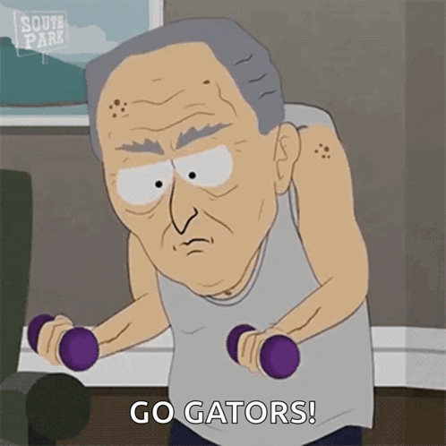 an elderly man from south park is lifting purple dumbbells .